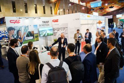 Exhibitor with train door at Rail Live 2021 in Madrid, Spain
