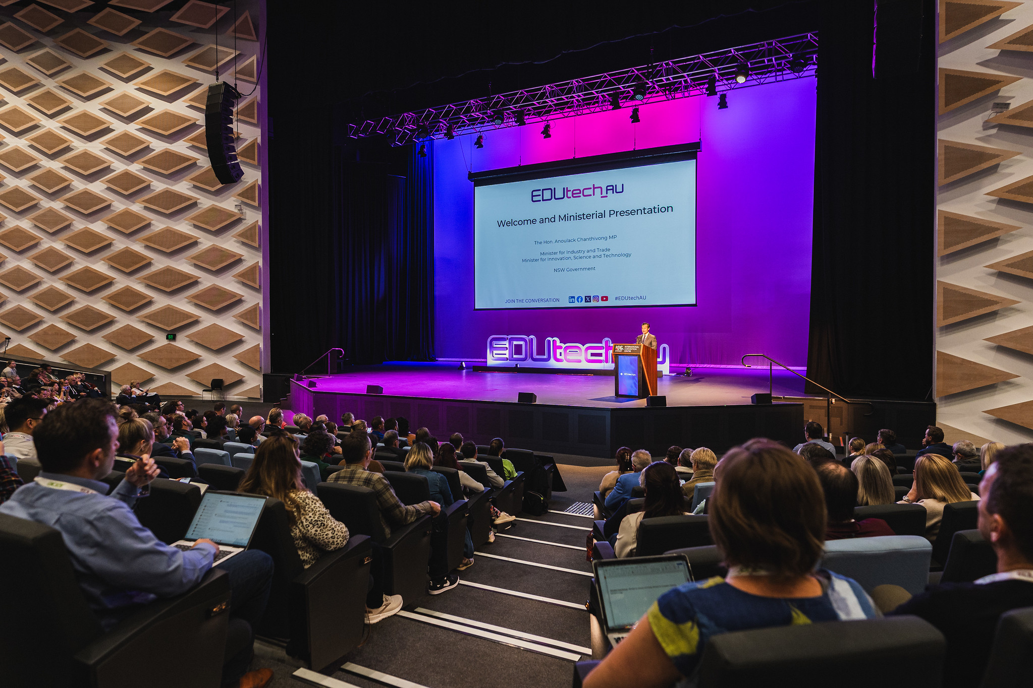 Wide view of a packed auditorium at EDUtech AU