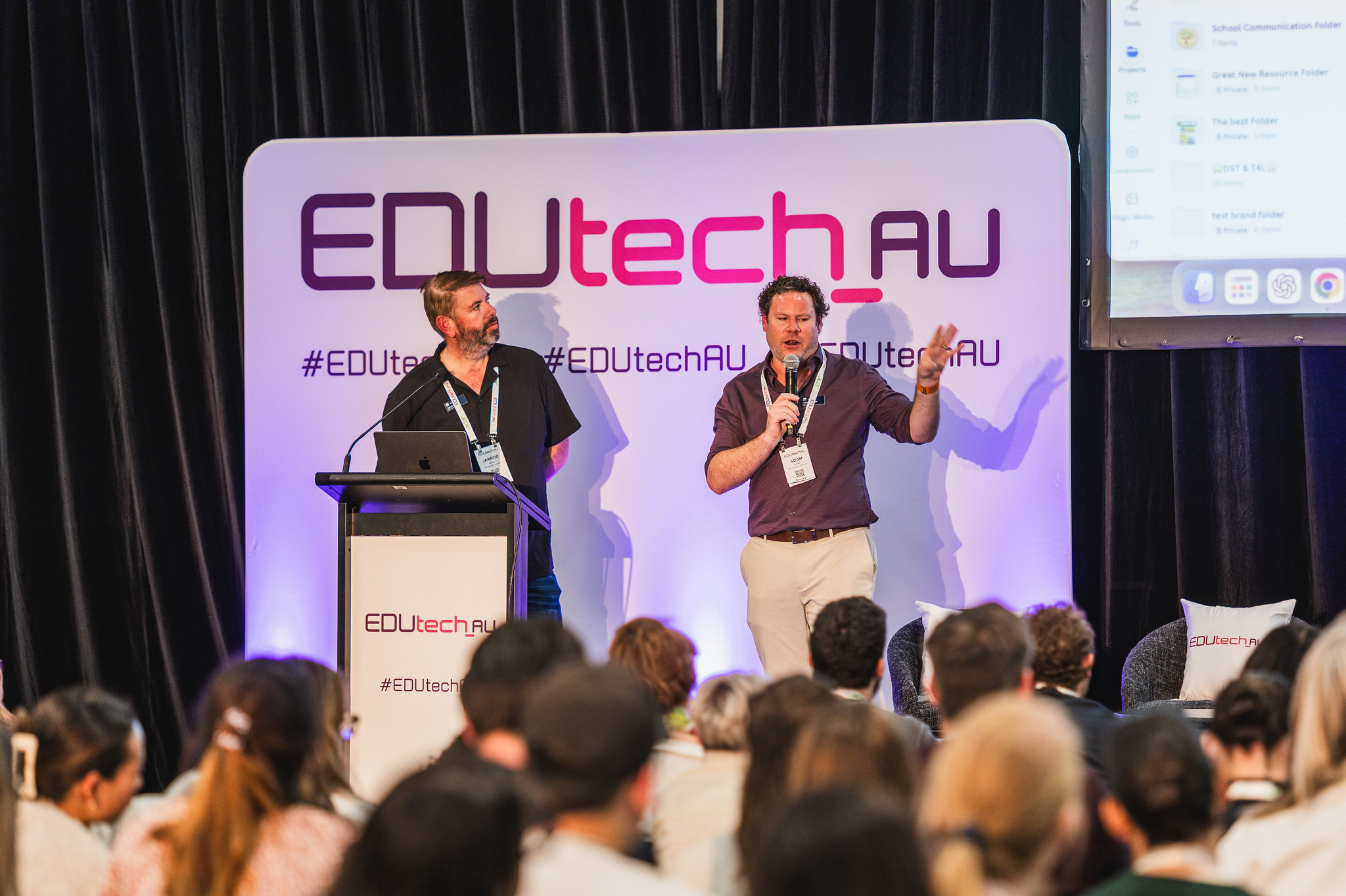 Two speakers presenting together on the EDUtech AU main stage